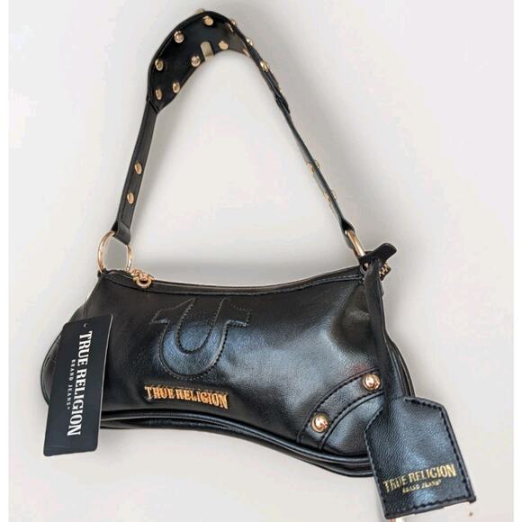True Religion Shoulder Bag Studded 90s Y2K Faux Leather Gold Horseshoe Retro - Picture 1 of 9
